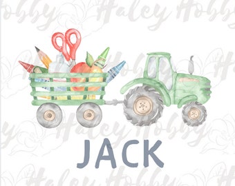 Back To School Kids Crayon Name Monogram Green Tractor Boy Watercolor Shirt PNG, Heat Press,Digital Download, Sublimation Download