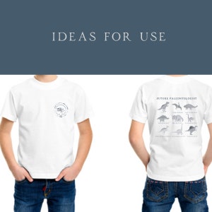 May include: White t-shirt with a dinosaur graphic on the back. The graphic says "Future Paleontologist" and includes the names of different dinosaurs.