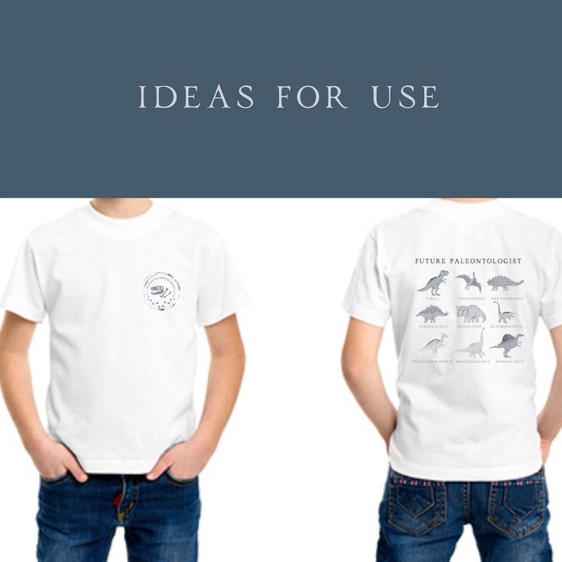 May include: White t-shirt with a dinosaur graphic on the back. The graphic says "Future Paleontologist" and includes the names of different dinosaurs.