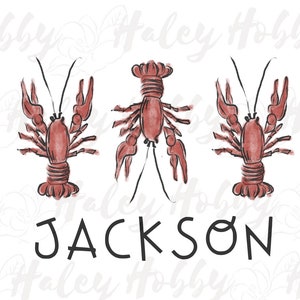 May include: Three watercolour crayfish illustrations in shades of red and brown with the name "JACKSON" written in black below them.