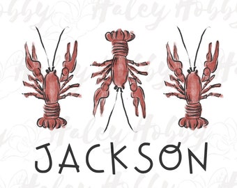 Crawfish Lobster Kids Monogram Watercolor Shirt PNG, Heat Press, Digital Download, Sublimation Download, Instant Download Waterslide