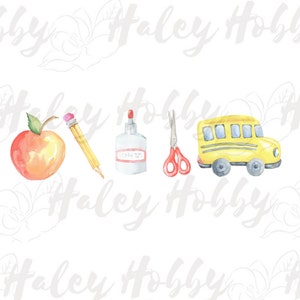 Op de afbeelding: Een aquarel-illustratie van schoolbenodigdheden, waaronder een rode appel, een geel potlood, een fles lijm, een rode schaar en een gele schoolbus.