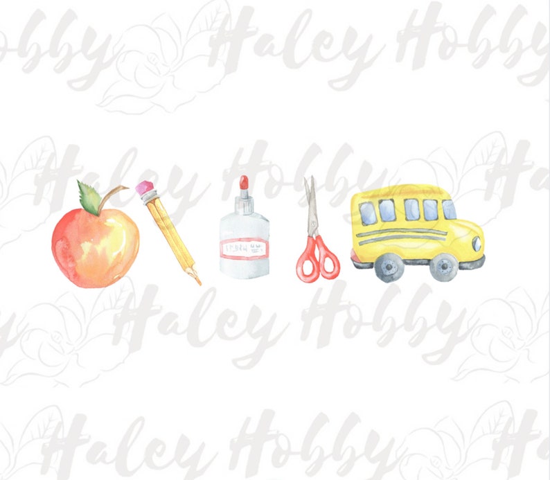 Op de afbeelding: Een aquarel-illustratie van schoolbenodigdheden, waaronder een rode appel, een geel potlood, een fles lijm, een rode schaar en een gele schoolbus.