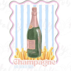 Champagne en frietjes wijn Pink Label French Fry preppy aquarel damesshirt PNG, hittepers, digitale download, sublimatie downloaden