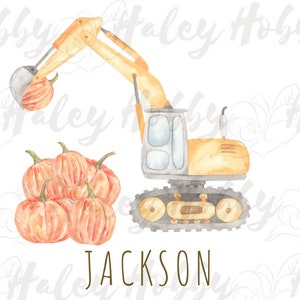 May include: A yellow toy excavator with a scoop lifting a pile of orange pumpkins. The excavator is on a white background with the name "JACKSON" written in brown text below it.