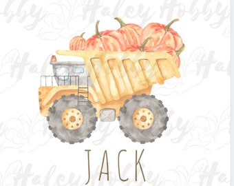 Op de afbeelding: Waterverfillustratie van een gele dumper vol met oranje pompoenen. De vrachtwagen heeft grijze wielen en een grijze cabine. De naam "JACK" staat in bruine letters eronder.