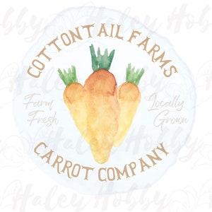Könnte beinhalten: Eine Aquarell-Illustration eines Logos für einen Bauernladen namens "Cottontail Farms Carrot Company". Das Logo zeigt drei orangefarbene Karotten mit grünen Blättern in einem Kreis mit dem Text "Farm Fresh" und "Locally Grown" auf beiden Seiten der Karotten. Der Text "Cottontail Farms Carrot Company" ist in einem Kreis um die Karotten geschrieben.