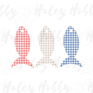 May include: Three fish-shaped cutouts with a gingham pattern. The fish are red and white, beige and white, and blue and white.