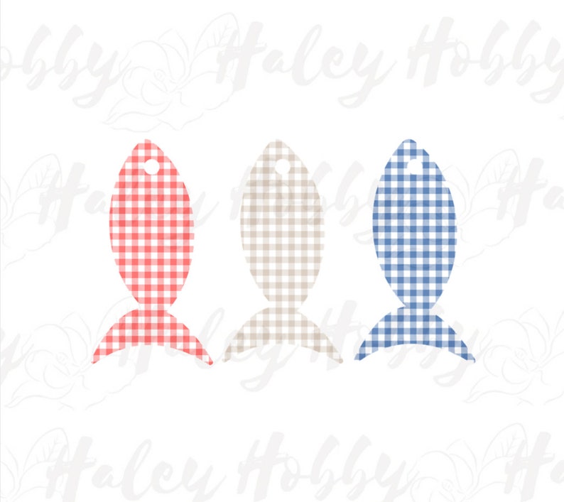May include: Three fish-shaped cutouts with a gingham pattern. The fish are red and white, beige and white, and blue and white.