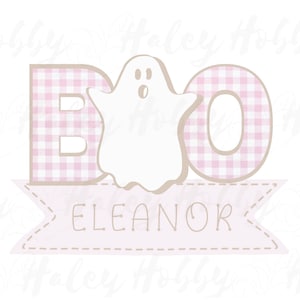 BOO Pink Gingham Toddler Kids Girl Halloween Monogram Name Watercolor Shirt PNG, Heat Press, Digital Download, Sublimation Download