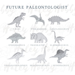 May include: A chart featuring illustrations of various dinosaurs, including a T-Rex, Pteranodon, Ankylosaurus, Stegosaurus, Triceratops, Elasmosaurus, Parasaurolophus, Brachiosaurus, and Spinosaurus. The text "FUTURE PALEONTOLOGIST" is at the top of the chart.