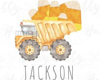 Op de afbeelding: Een gele speelgoed-kipper met een grijze laadbak gevuld met oranje en gele candy corn. De vrachtwagen heeft zwarte wielen en een grijze ladder. De naam "JACKSON" staat in het zwart onder de vrachtwagen.