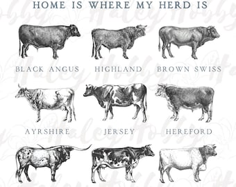 Home is Where My Herd Is Cow Cattle Farm Sketch Boy Girl Shirt 2 Set PNG, Heat Press, Digital Download, Sublimation Download, Instant