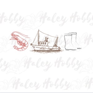 May include: A line drawing of a shrimp, a fishing boat, and a pair of rain boots. The shrimp is red, the boat is brown, and the boots are white.