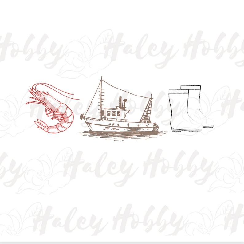 May include: A line drawing of a shrimp, a fishing boat, and a pair of rain boots. The shrimp is red, the boat is brown, and the boots are white.