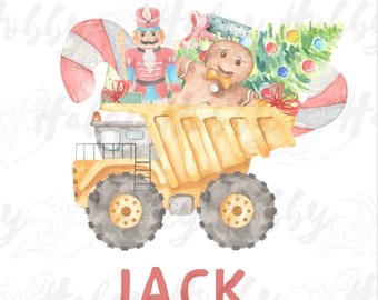 May include: A yellow toy dump truck filled with Christmas items, including a gingerbread man, a nutcracker, a candy cane, and a Christmas tree. The truck has the name "JACK" written in red letters below it.