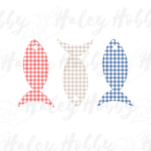 May include: Three fish-shaped paper cutouts with gingham patterns. The fish are red and white, beige and white, and blue and white.