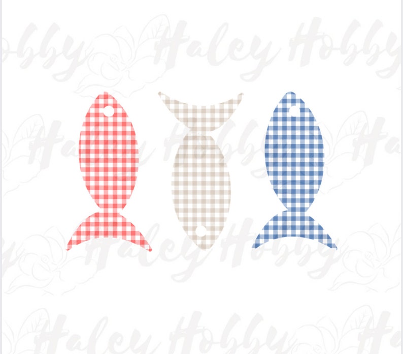 May include: Three fish-shaped paper cutouts with gingham patterns. The fish are red and white, beige and white, and blue and white.