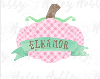 Pumpkin Girl Pink Watercolor Gingham Halloween Monogram Name Watercolor Shirt PNG, Heat Press, Digital Download, Sublimation Download