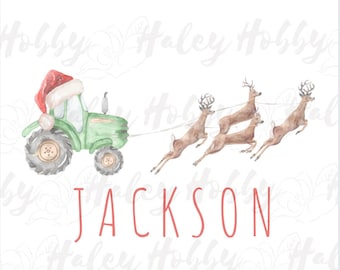 Christmas Holiday Kids Name Monogram Green Tractor Boy Reindeer Watercolor Shirt PNG, Heat Press,Digital Download, Sublimation Download