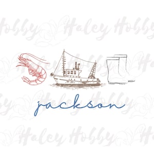 May include: A hand-drawn illustration of a shrimp, a fishing boat, and a pair of rain boots. The text "jackson" is written in blue cursive below the illustration.