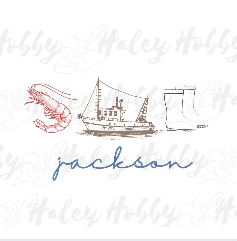 May include: A hand-drawn illustration of a shrimp, a fishing boat, and a pair of rain boots. The text "jackson" is written in blue cursive below the illustration.