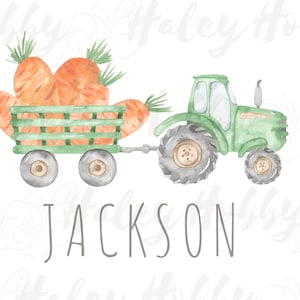 May include: A green toy tractor pulling a wagon full of orange carrots. The wagon has a green wooden frame and the tractor has black wheels. The text "JACKSON" is written below the tractor.