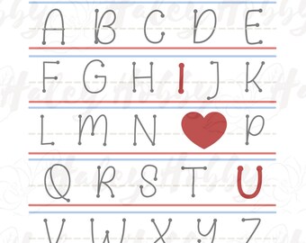 May include: A colorful alphabet chart with a red heart in place of the letter "O". The letters are written in a handwritten style on a white background with red and blue lines.