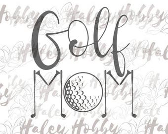 May include: A graphic design featuring the words "Golf Mom" in a stylish, cursive font. The word "MOM" is designed with golf clubs as the vertical lines of the letters, and a golf ball replaces the "O". The background has a floral pattern.