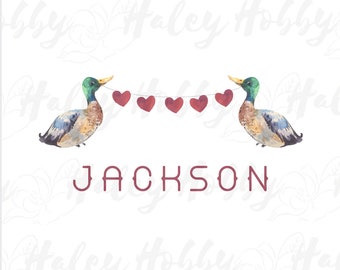 Valentine Holiday Mallard Duck Watercolor Hearts Boy Toddler, Name, Monogram Shirt PNG, Heat Press, Digital Download, Sublimation Download