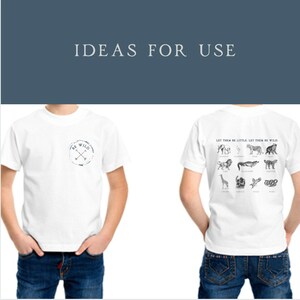 Pode incluir: Camiseta branca com um gr&aacute;fico azul "Be Wild" na frente e um gr&aacute;fico azul de animais com o texto "Let them be little, let them be wild." nas costas.