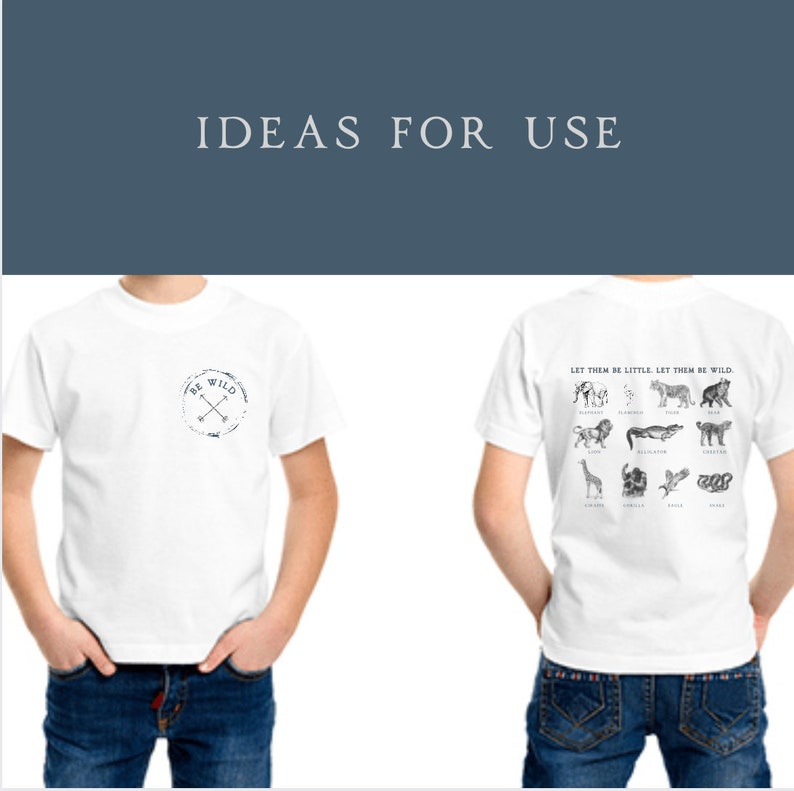 Pode incluir: Camiseta branca com um gr&aacute;fico azul "Be Wild" na frente e um gr&aacute;fico azul de animais com o texto "Let them be little, let them be wild." nas costas.