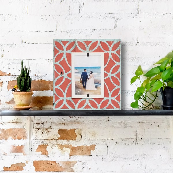 Farmhouse Tile Home Decor Reclaimed Rustic Wood 4x6 Picture Frame | Coral Colored pattern over Turquoise washed wood | Wedding Gift