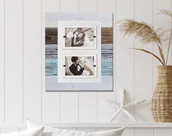 Beach House Style White & Turquoise Double Reclaimed Wood Picture Frame | two 4x6 or 5x7 Pictures | Gallery Wall Frame Collage