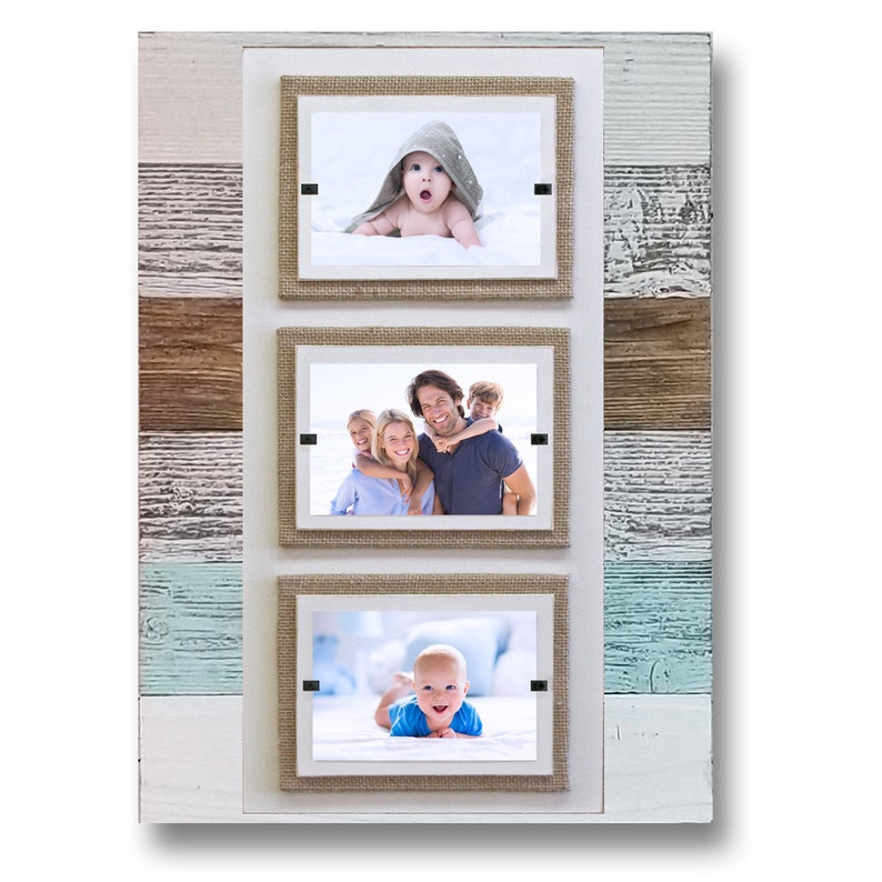 Triple white & sea mist washed Reclaimed Wood Picture Frame three 4 x 6 pictures best selling family frame rustic home decor image 2