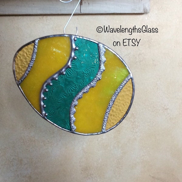 Stained Glass Easter Egg ~ Ornate Swirl Egg Suncatcher ~ Yellow & Teal Glass ~ Original Design ~ Handmade ~ Decorative Solder