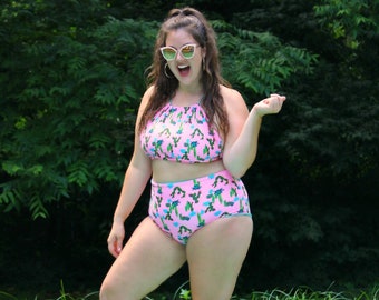 Pink Cactus & Sea Green Reversible High Waist Bikini Set/Plus Size Swimsuit/Blue Green Plus Sized Swimwear/High Waisted Adjustable Swim