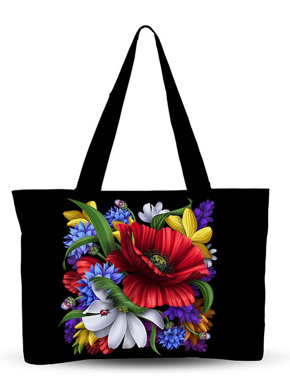 Flowers printed bag Black floral handbag Floral tote bag Etsy