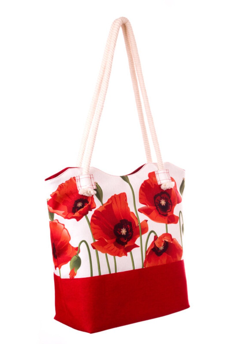 Poppy red purse Red fabric bag Red tote bag Red beach bag Zip Etsy