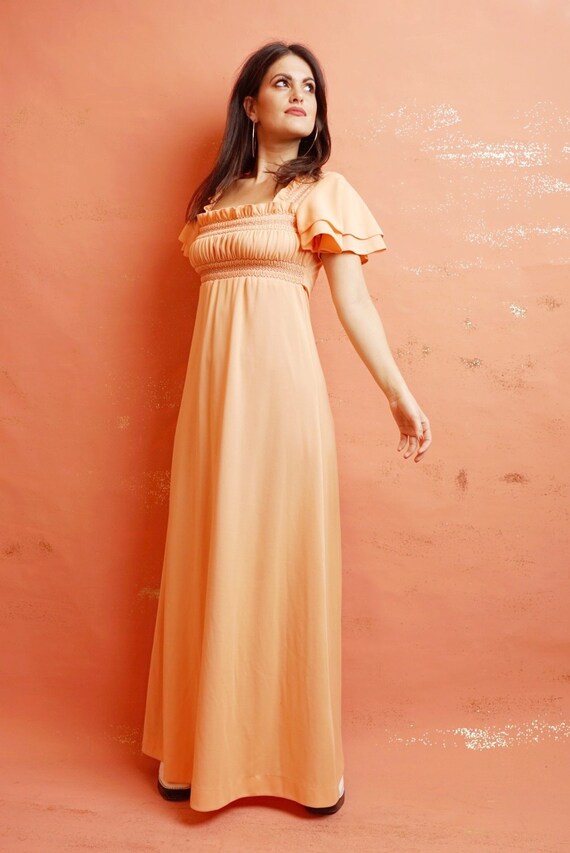 60s Boho Peach Ruffled Maxi Dress