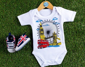 London Landmarks-babyromper: Big Ben, London Eye, Tower Bridge