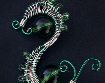 Green and Silver Wire Wrapped Pendant - Woven Aluminum and Copper Necklace - Glass and Metal S-Shaped Pendant