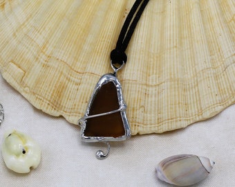 Recycled Bottle Glass Pendant - Frosted "Sea" Glass and Soldered Necklace - White/Brown with Silver and Copper