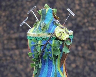 In The Reeds - OOAK Large Dress Form Pin Cushion - Mixed Media - Unique Sewing Room Decor - One of a kind