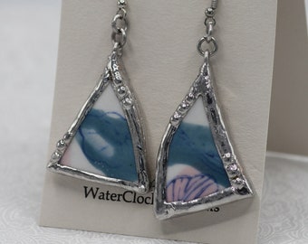 OOAK Recycled Ceramic Earrings V.1 - Pottery Shards with Soldered Metal Frames - Broken Bowl with Chinese Goldfish Pond Design