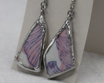 OOAK Recycled Ceramic Earrings V.3 - Pottery Shards with Soldered Metal Frames - Broken Bowl with Chinese Goldfish Pond Design