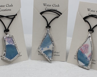 OOAK Recycled Ceramic Pendants (3 Variations) - Pottery Shards with Soldered Metal Frames - Broken Bowl with Chinese Goldfish Pond Design