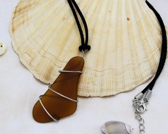 Recycled Bottle Glass Pendant - Frosted "Sea" Glass and Wire Wrapped Necklace - Brown/Green/Silver