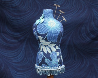 Blue Danube - OOAK Large Dress Form Pin Cushion - Mixed Media - Unique Sewing Room Decor - One of a kind