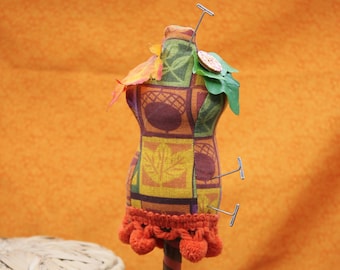 Harvest Time - OOAK Large Dress Form Pin Cushion - Mixed Media - Unique Sewing Room Decor - One of a kind